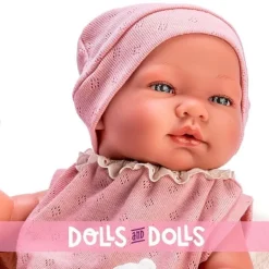 Poupée Así 43 cm - María en body rose et bonnet tricoté rose avec couverture beige
