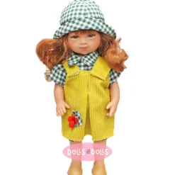 Poupée D'Nenes 34 cm - Marieta avec salopette jaune et chemise et casquette à carreaux
