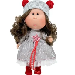 Poupée Nines d'Onil 23 cm - Little Mia Christmas - Brune avec une tenue de Noël grise