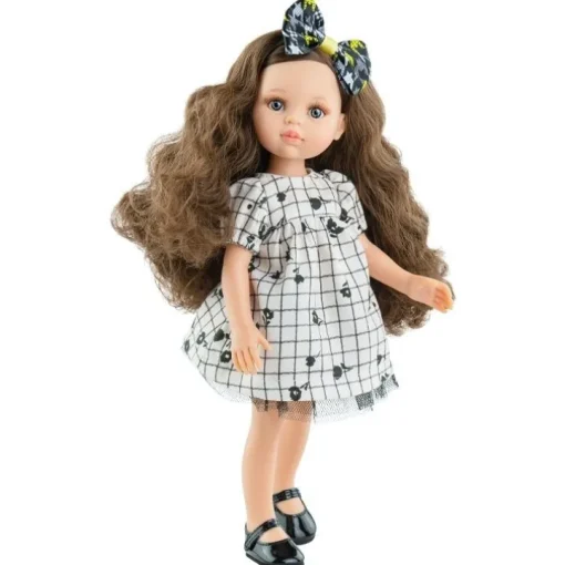 Poupée Paola Reina 32 cm - Las Amigas - Ana Belén dans une robe noire à fleurs avec un nœud