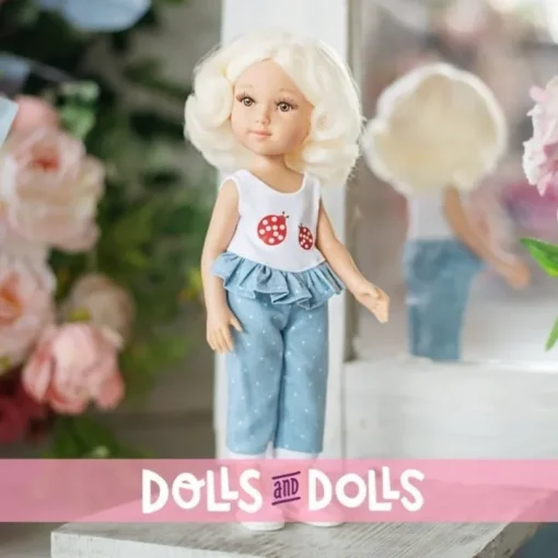 Poupée Reina del Norte 32 cm - Michelle avec un top coccinelle et un pantalon bleu à pois