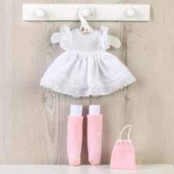 Tenue pour poupée Así 40 cm - Robe blanche, jambières, bottes en tissu et sac rose pour poupée Sabrina